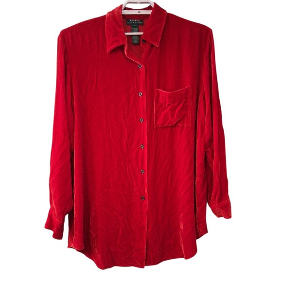 Ralph Lauren shirt womens Large red velvet velour button up Holiday rayon silk - Picture 1 of 4